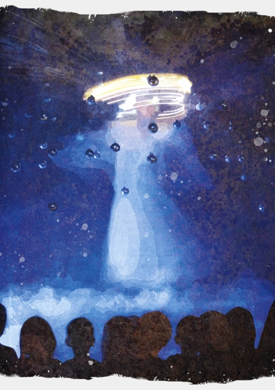 Julens Ånd ses svinge rundt på sit isbjerg